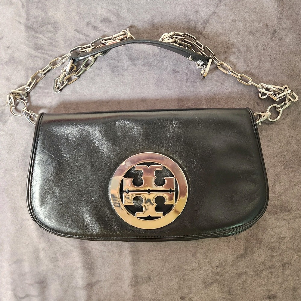 Tory Burch Black Leather Reva Convertible Clutch with Silver Chain Strap